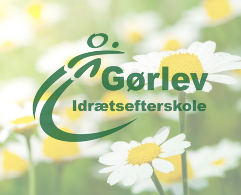 Billedet viser en baggrund med hvide margueritter. I forgrunden ses Gørlev Idrætsefterskoles logo.