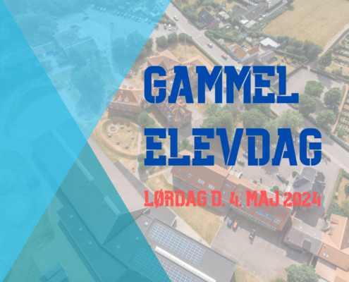 På billedet ses et dronefoto af Gørlev Idrætsefterskole i baggrunden. I forgrunden ses teksten "Gammel Elevdag Lørdag d. 4. maj 2024".