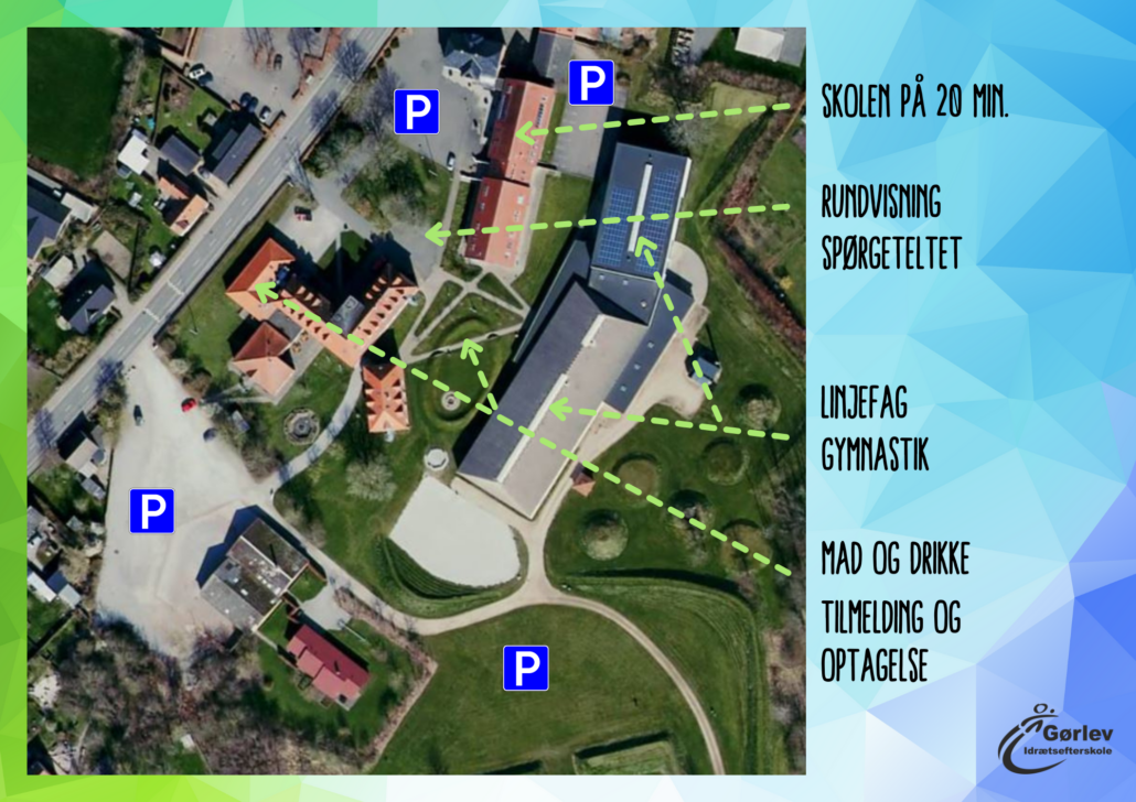 Billedet viser et oversigtskort med placering af parkeringspladser og aktiviteter til Efterskolernes Dag 2024 på Gørlev Idrætsefterskole.