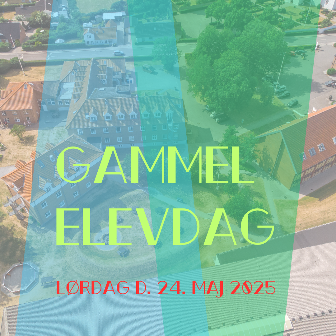 På billedet ses et dronefoto af Gørlev Idrætsefterskole i baggrunden. I forgrunden ses teksten "Gammel Elevdag Lørdag d. 24. maj 2025".