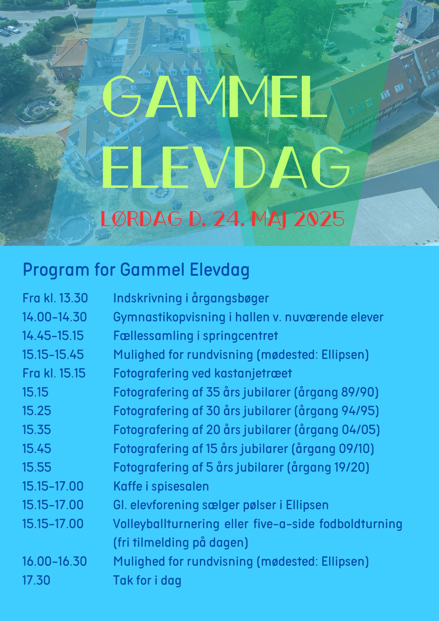 På billedet ses et dronefoto af Gørlev Idrætsefterskole. Billedet viser også programmet for Gammel Elevdag 2025.