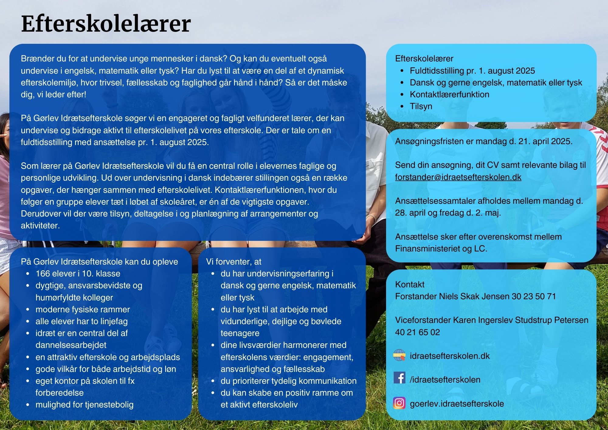 Billedet viser et stillingsopslag med overskriften "efterskolelærer".