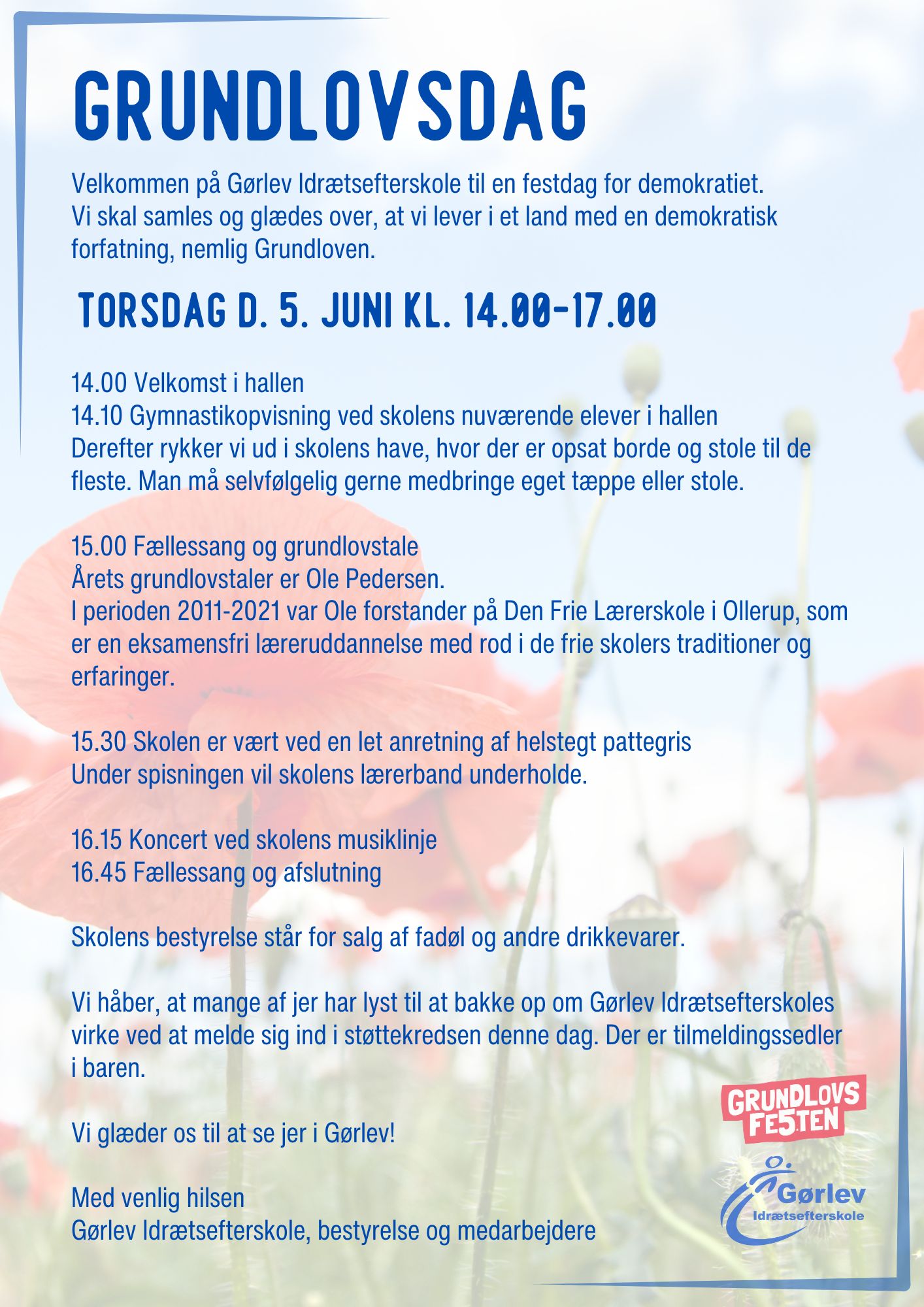 På billedet ses en masse røde valmuer, og i forgrunden ses programmet for grundlovsdag d. 5. juni 2025 på Gørlev Idrætsefterskole.