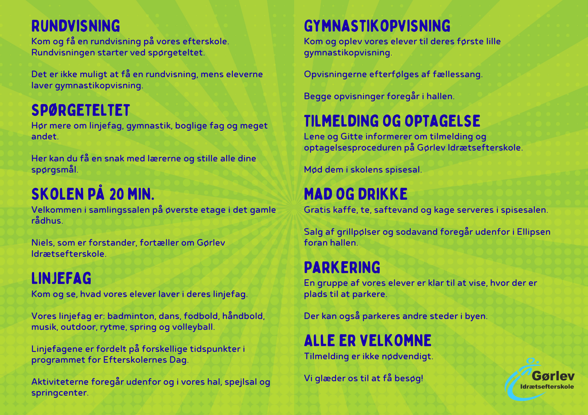 Praktiske informationer om Efterskolernes Dag på Gørlev Idrætsefterskole. Teksten ses på farverig baggrund med grønne mønstre.