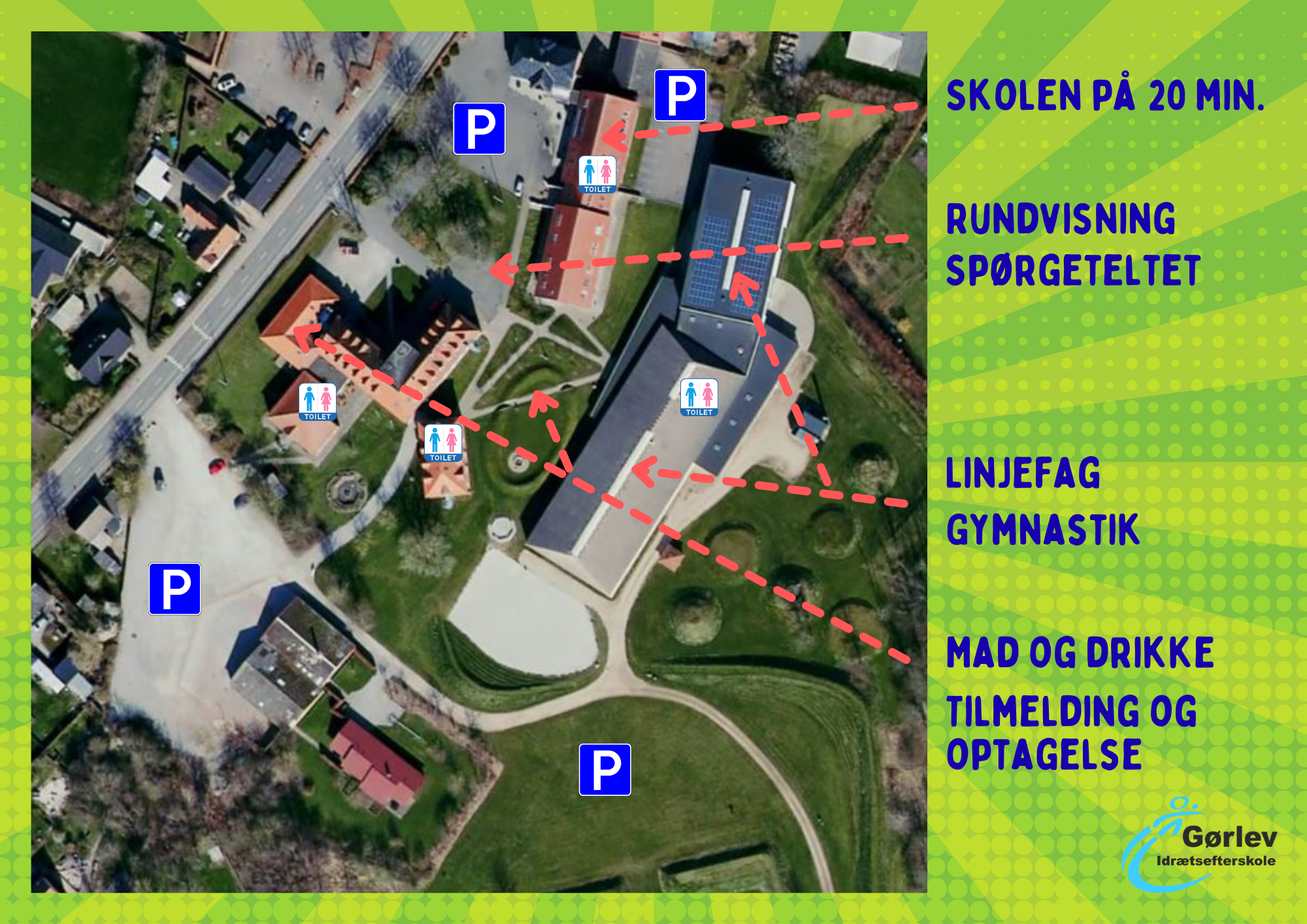 Kort vedrørende Efterskolernes Dag med luftfoto af Gørlev Idrætsefterskole. Teksten og de røde pile viser placeringen af de forskellige aktiviteter.