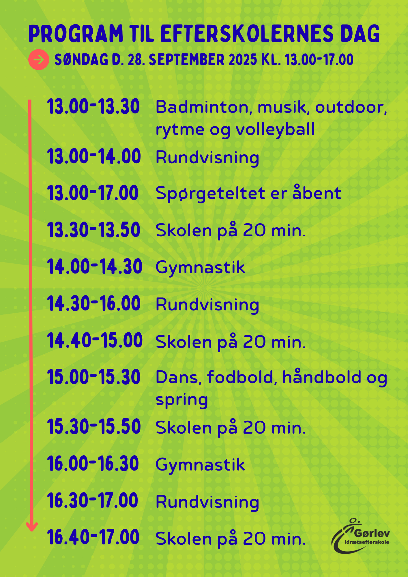 Program for Efterskolernes Dag på Gørlev Idrætsefterskole. Teksten ses på farverig baggrund med grønne mønstre.