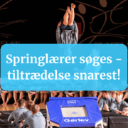 I baggrunden af billedet ses en gruppe elever til en gymnastikopvisning. I forgrunden ses overskriften "springlærer søges - tiltrædelse snarest!".