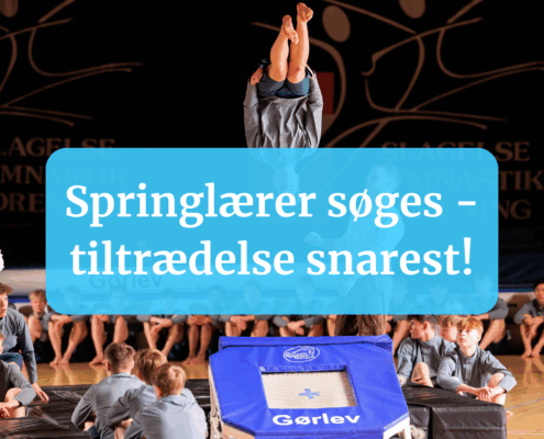 I baggrunden af billedet ses en gruppe elever til en gymnastikopvisning. I forgrunden ses overskriften "springlærer søges - tiltrædelse snarest!".