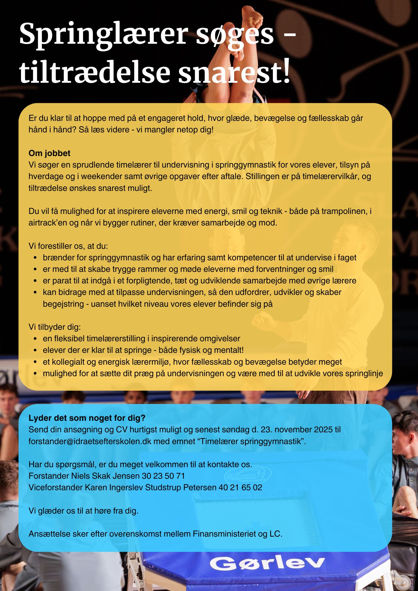 Billedet viser et stillingsopslag med overskriften "springlærer søges - tiltrædelse snarest".