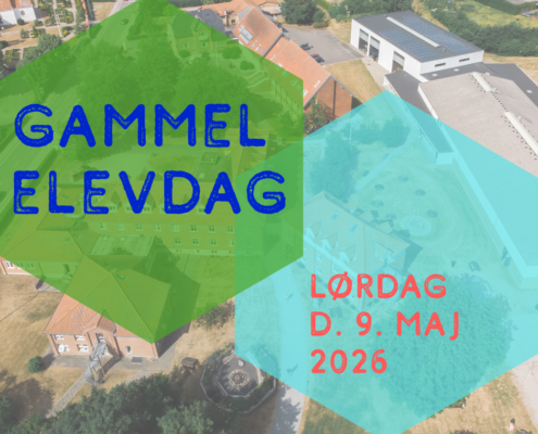 I baggrunden af billedet ses et dronefoto af Gørlev Idrætsefterskole. I forgrunden ses teksten "Gammel Elevdag Lørdag d. 9. maj 2026".