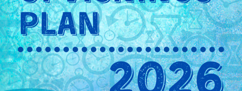 Grafik med teksten ‘Opvisningsplan 2026’ i blå nuancer med abstrakt baggrund og urmotiver.