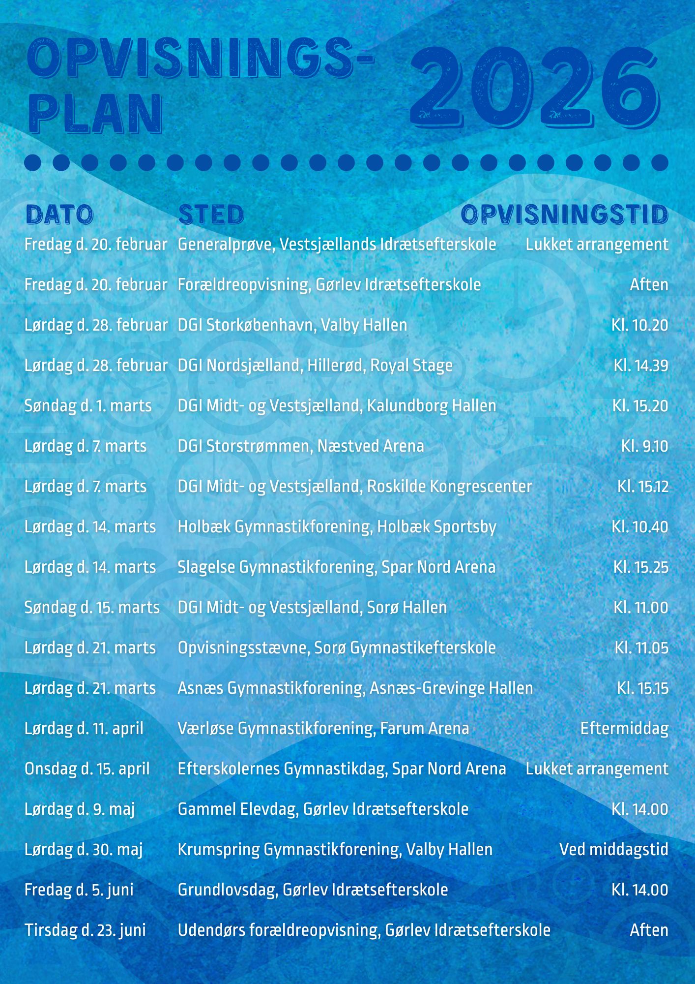 Grafisk oversigt over Gørlev Idrætsefterskoles opvisningsplan for 2026 med en liste over gymnastikopvisninger, herunder dato, sted og tidspunkt.