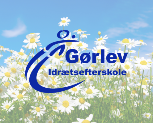 Billedet viser en baggrund med blå himmel og hvide margueritter. I forgrunden ses Gørlev Idrætsefterskoles logo.