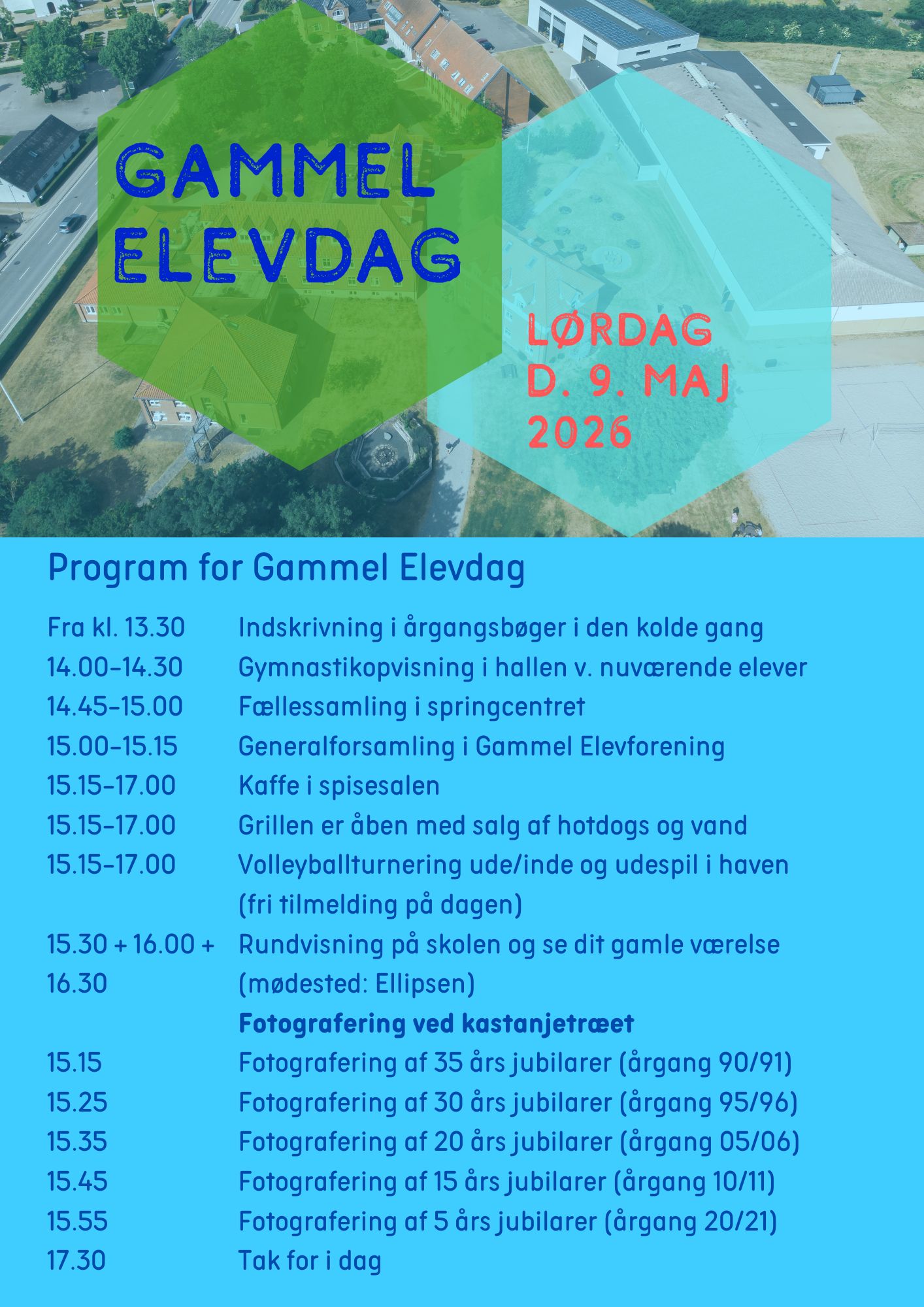 På billedet ses et dronefoto af Gørlev Idrætsefterskole. Billedet viser også programmet for Gammel Elevdag 2026.