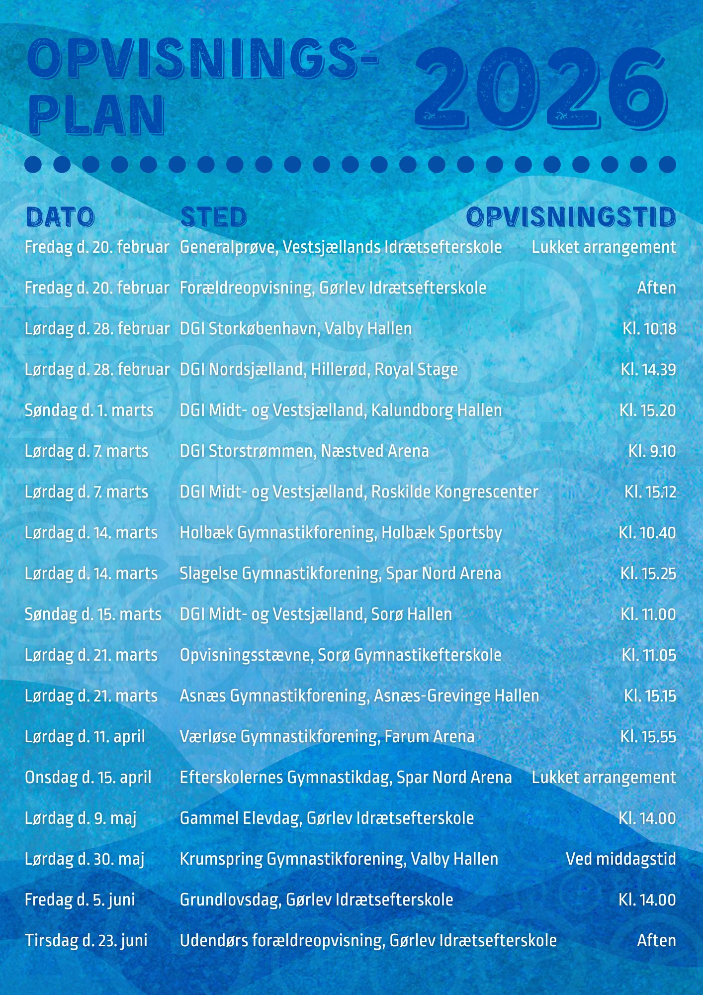 Grafisk oversigt over Gørlev Idrætsefterskoles opvisningsplan for 2026 med en liste over gymnastikopvisninger, herunder dato, sted og tidspunkt.