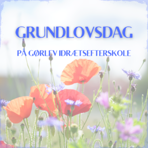 På billedet ses røde valmuer og blå kormblomster, og i forgrunden står der "Grundlovsdag på Gørlev Idrætsefterskole".