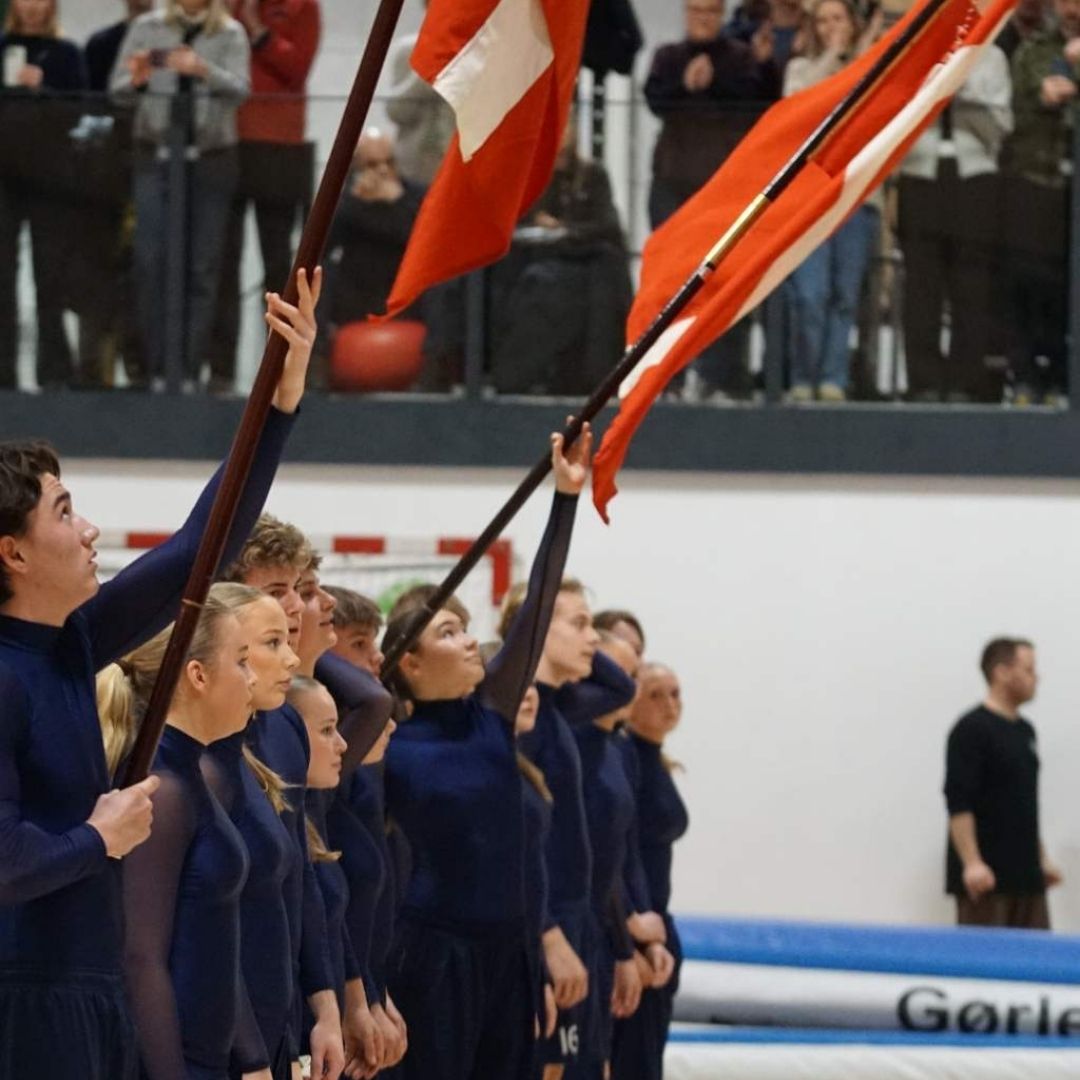 En gruppe efterskoleelever laver gymnastikopvisning. De to fanebærere står med Dannebrog.